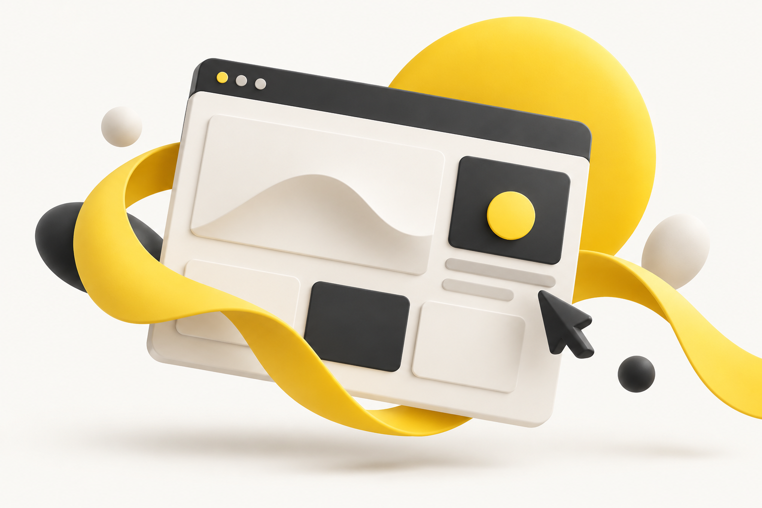 3D ilustracija web stranice sa žutom trakom i pokazivačem